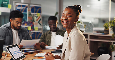 Buy stock photo Portrait, meeting and happy business woman in office as brand designer with sales stats. Smile, startup and creative professional with team for logo design, campaign and chart on tablet screen