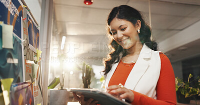 Buy stock photo Tablet, board and planning with business woman in office for graphic designer, task manager and idea. Online update, portfolio briefing and client agenda with employee in media agency for research