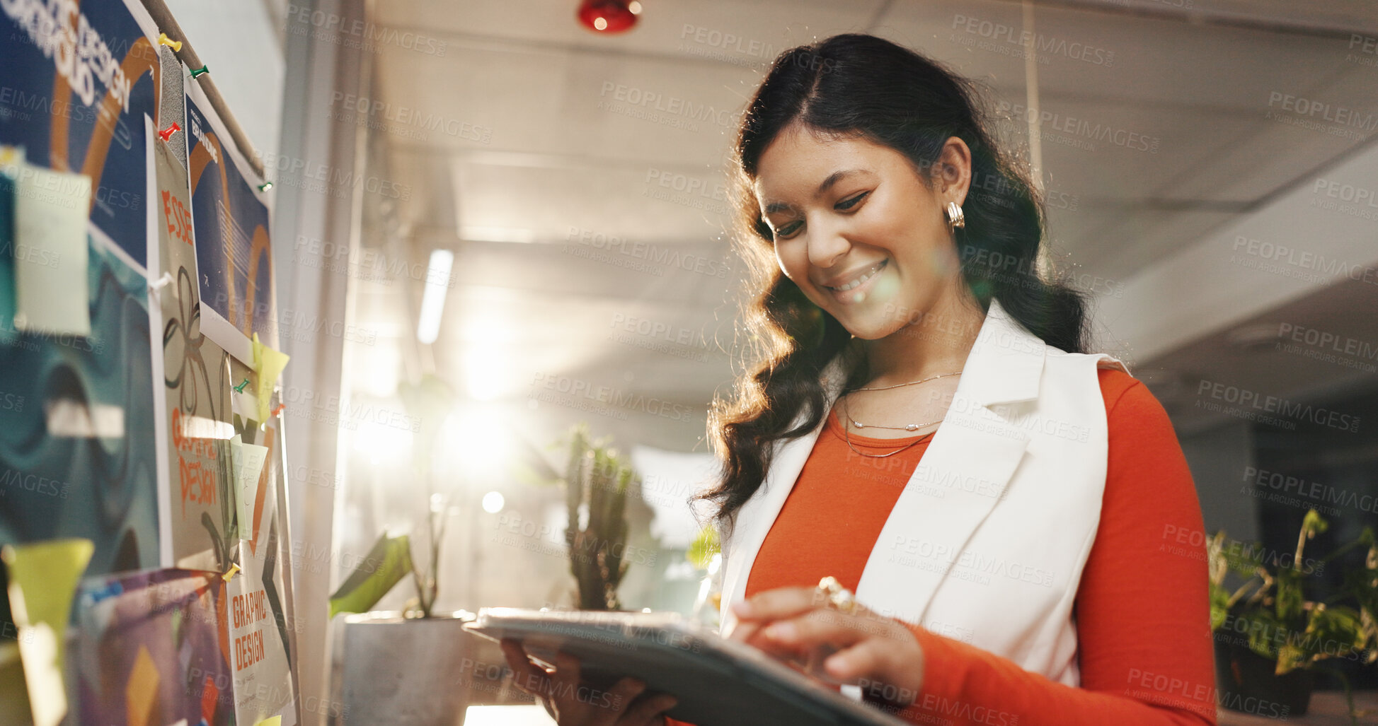 Buy stock photo Tablet, board and planning with business woman in office for graphic designer, task manager and idea. Online update, portfolio briefing and client agenda with employee in media agency for research