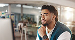 Business, thinking and man with computer, decision and research for article, email or copywriting. Person, employee and journalist in workplace, pc and editing with planning, solution and choice