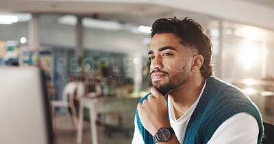 Buy stock photo Business, thinking and man with computer, decision and research for article, email or copywriting. Person, employee and journalist in workplace, PC and editing with planning, solution and choice