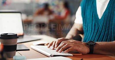 Buy stock photo Typing, research and hands of business person in office for planning, web designer and email report. Project briefing, homepage ui and computer with employee in media agency for update and review