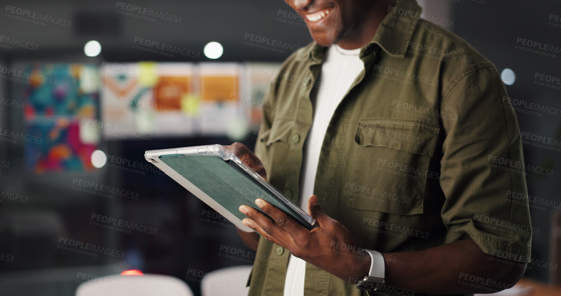 Buy stock photo Creative, hands and man with tablet in office for logo design approval, client feedback and email. Night, happy and graphic designer with digital app for social media campaign and project management