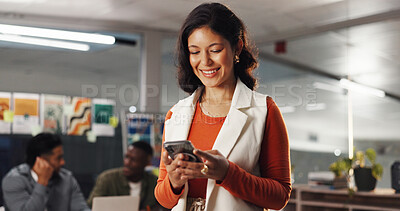 Buy stock photo Smile, phone and reading with business woman in office for social media manager, communication and research. Online branding, networking and marketing campaign with person in creative agency for web