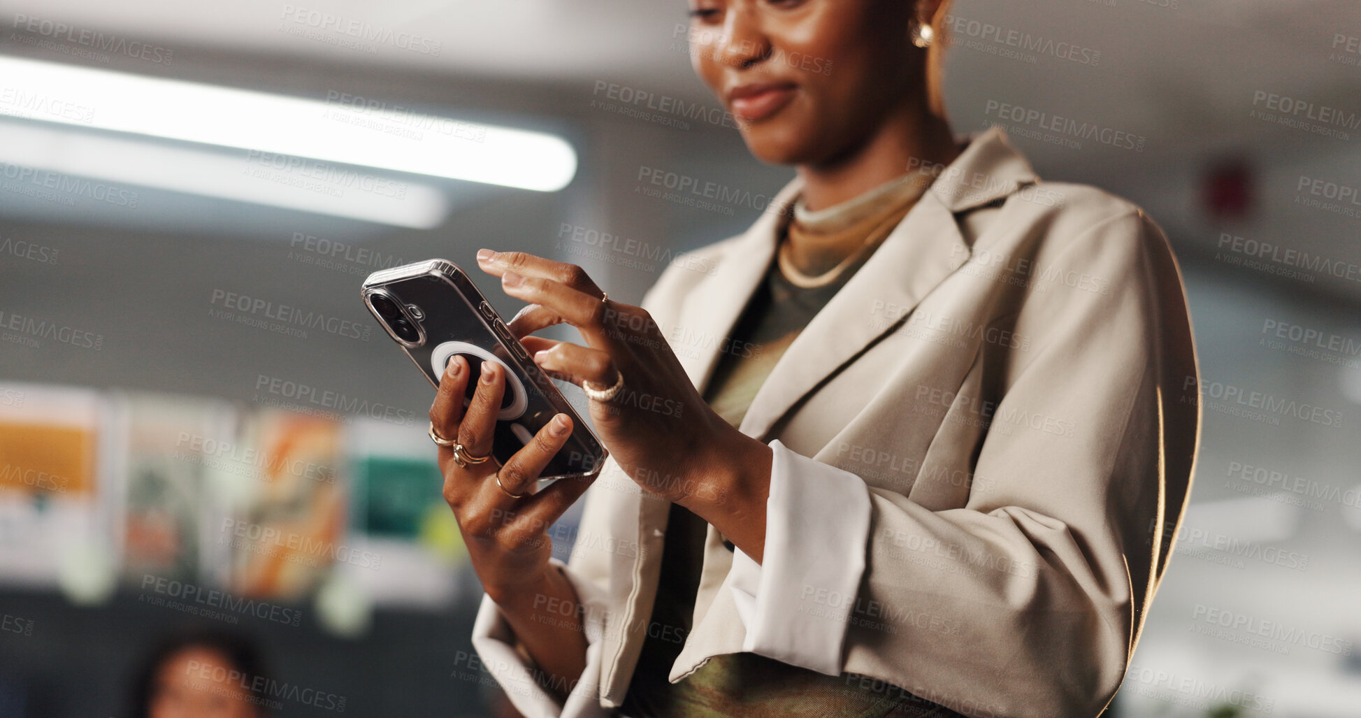 Buy stock photo Hands, phone and scroll with business black woman for social media manager, communication and research. Online branding, networking and marketing campaign with person in creative agency for web