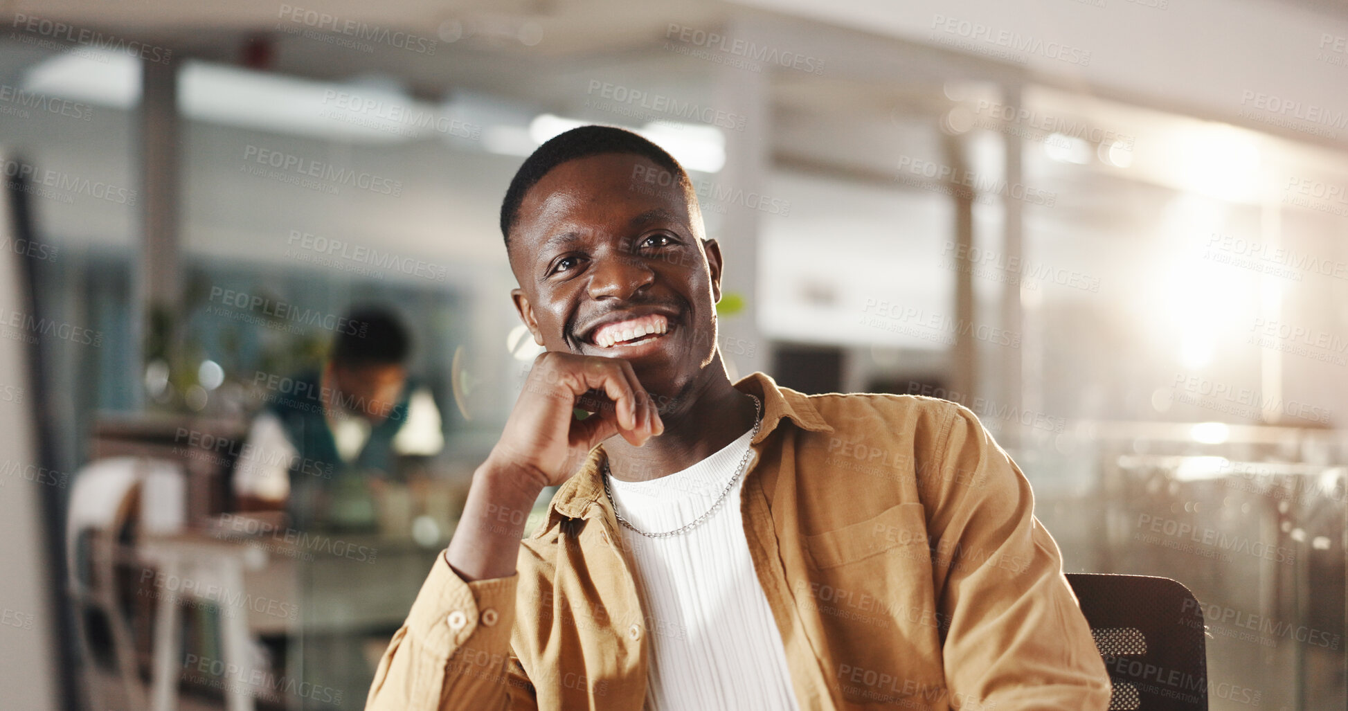 Buy stock photo Graphic design, happy and portrait of man in office for web development, website and ui software. Creative agency, digital tech and person with computer for online project, planning and research