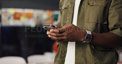 Buy stock photo Office, employee and hands with phone, social media or texting with contact on app or communication. Online, message or person with mobile for chat, typing or network on website with tech in business