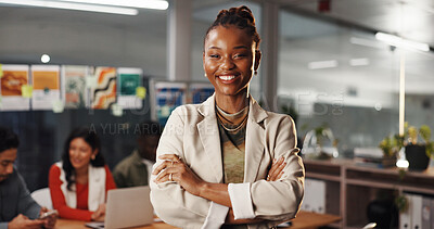 Buy stock photo Portrait, leader and woman with arms crossed, office and event planner with project, smile and team. Happy, coordinator or person with ambition for career development, pride or meeting in business