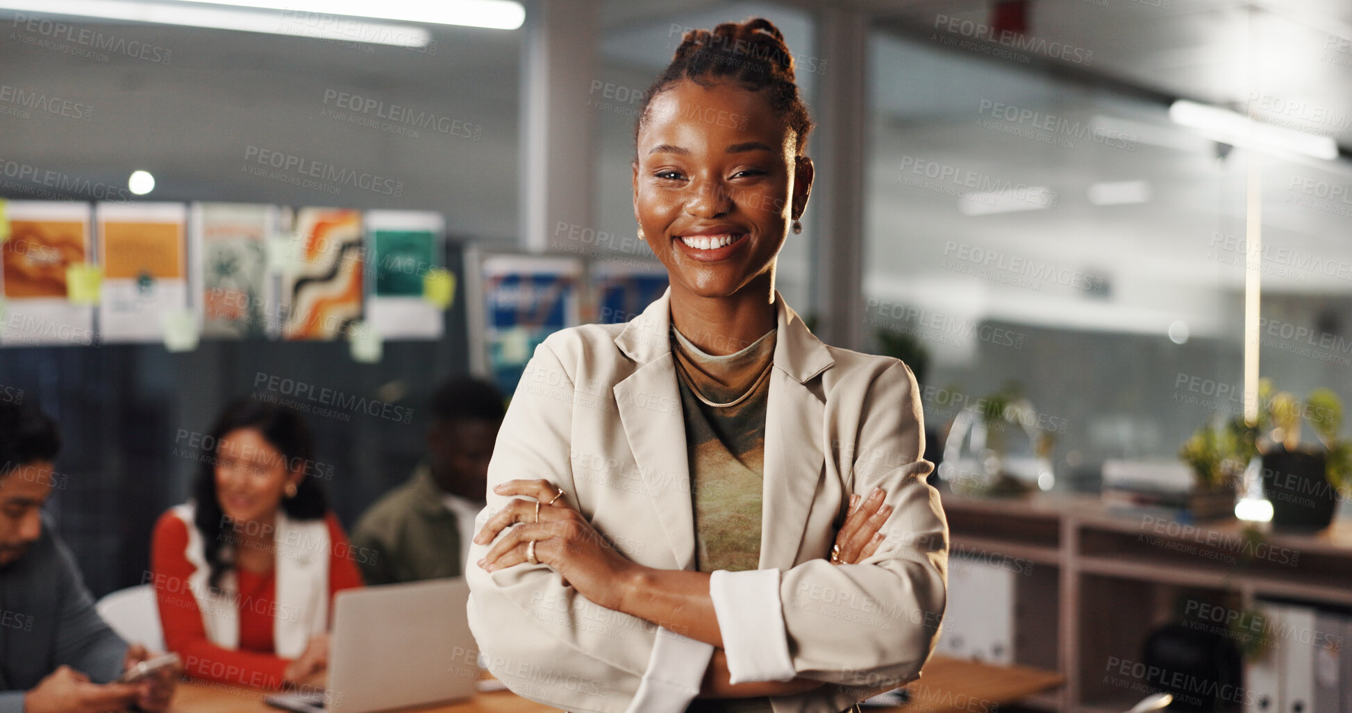 Buy stock photo Portrait, leader and woman with arms crossed, office and event planner with project, smile and team. Happy, coordinator or person with ambition for career development, pride or meeting in business