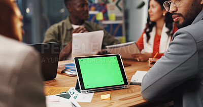 Buy stock photo Green screen, tablet and business people in office for meeting, graphic design and mockup space. Technology, display and creative team planning project with digital art for campaign or advertising