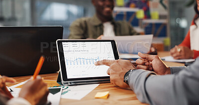 Buy stock photo Tablet screen, meeting and chart with hands of business people for revenue growth, planning and teamwork. Graph report, sales profit and financial analysis with employees in office for stats