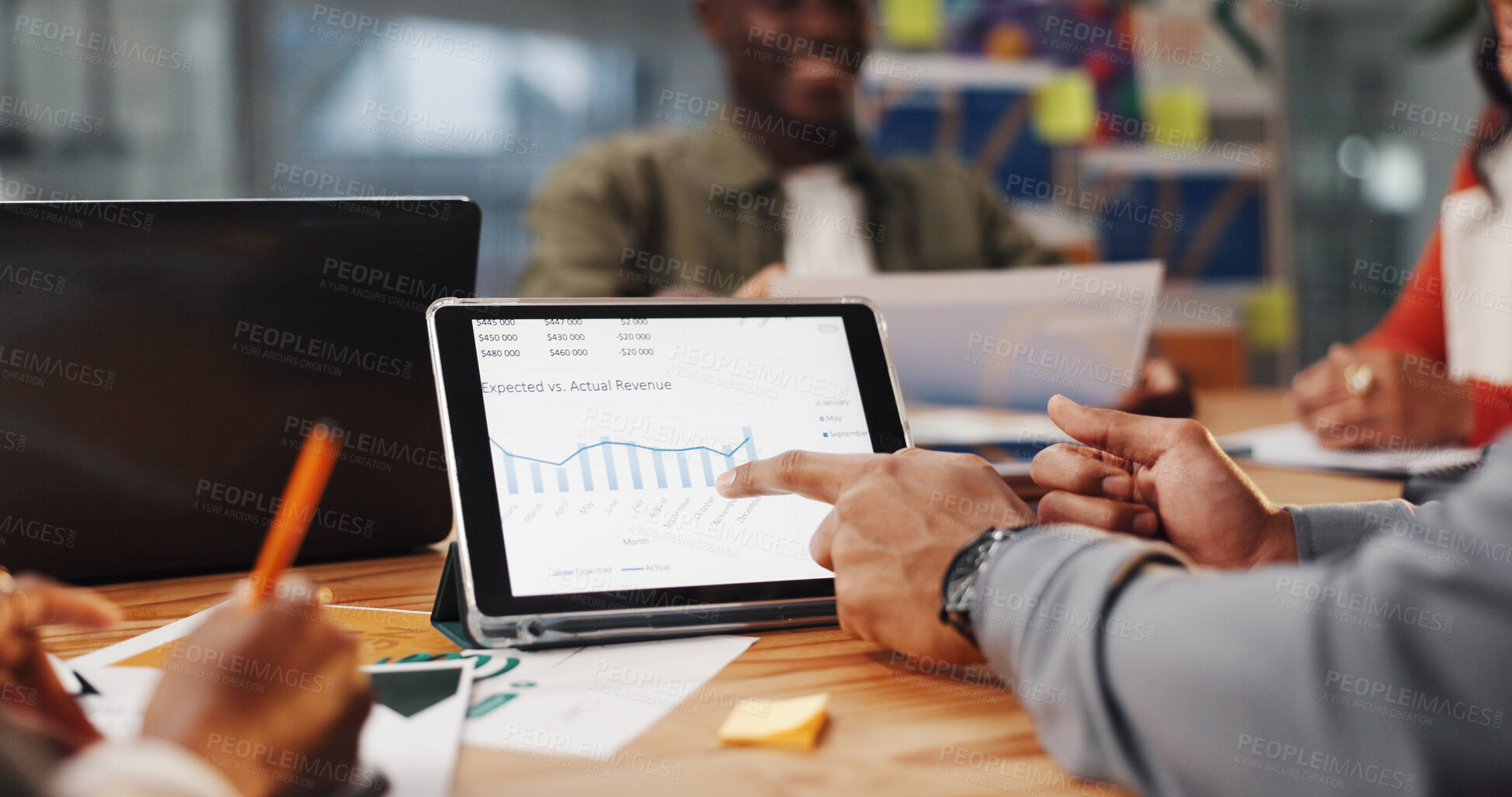 Buy stock photo Tablet screen, meeting and chart with hands of business people for revenue growth, planning and teamwork. Graph report, sales profit and financial analysis with employees in office for stats