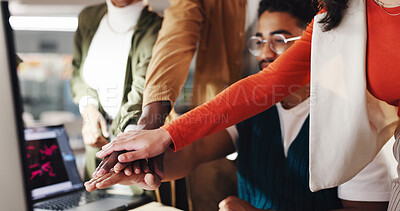 Buy stock photo Excited business people, hands stack and together in promotion, announcement or success in office. Group of employees, solidarity and celebration for partnership, prize or workplace funding approval