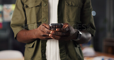 Buy stock photo Office, employee and hands with phone, communication or texting with contact on social media or app. Online, message or person with mobile for chat, typing or network on website with tech in business