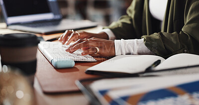 Buy stock photo Hands, woman and typing on keyboard in office of website update, agenda and ui design. Female person, web designer and computer for research, schedule information and project feedback on agency logo