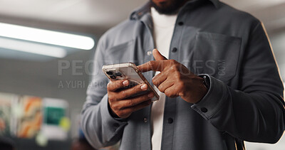 Buy stock photo Hands, phone and scroll with business man in office for social media manager, communication and research. Online branding, networking and marketing campaign with person in creative agency for web