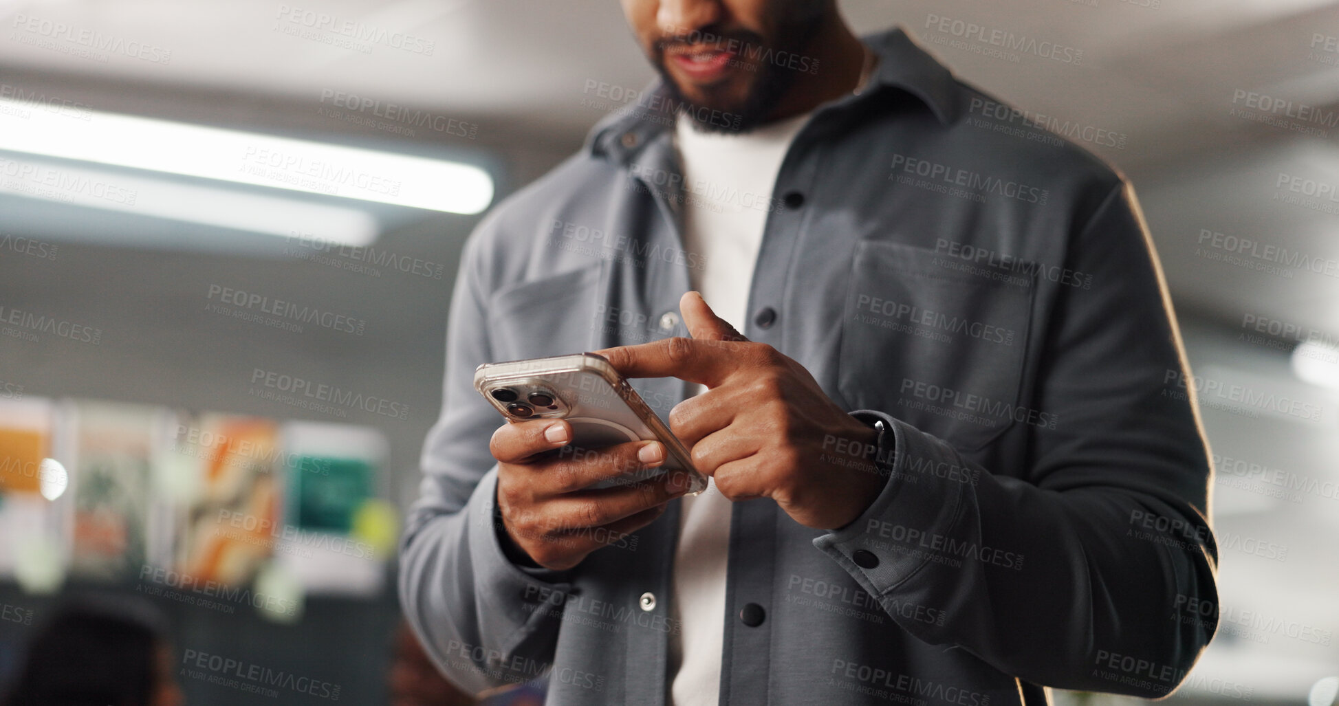 Buy stock photo Office, employee and hands with phone, browsing or texting with contact on website or communication. Online, message and person with mobile for chat, typing and network on social media with tech