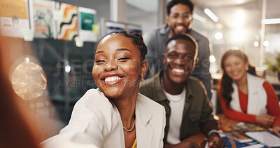 Buy stock photo Portrait, woman and selfie with team in office for photography, social media post and career pride. Smile, people and about us, profile picture update and memory with staff collaboration in workplace