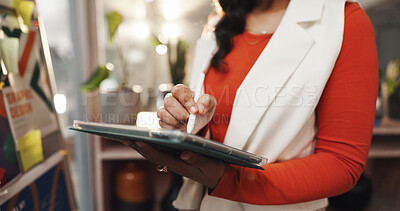 Buy stock photo Hands, woman and drawing on tablet in office for logo design, editing sketch and campaign brief. Graphic designer, stylus and research for digital art, review website and layout for creative project