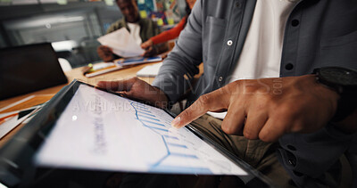 Buy stock photo Tablet screen, planning and chart with hands of business people for revenue growth, meeting or review. Graph report, sales profit and financial analysis with employees in office for performance stats