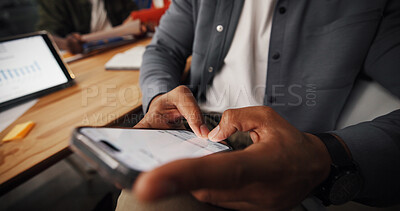 Buy stock photo Office, employee and hands with phone, texting or communication with contact on social media or app. Screen, message or person with mobile for chat, typing or network on website with tech in business