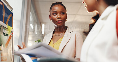 Buy stock photo Discussion, board and planning with business people in meeting for graphic designer, task manager or idea. Project update, portfolio briefing and client agenda with employee in agency for teamwork