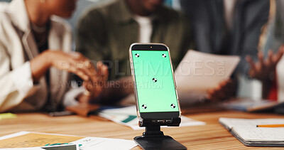 Buy stock photo Business people, green screen and smartphone in office, creative agency and social media. Mobile user, group and employees in workplace, cellphone and digital app for communication and website info