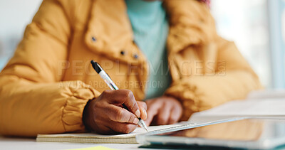 Buy stock photo Student, hands and writing in book at university for exam study, research or tutorial assignment. Campus, education and person with memory notes for assessment, college quiz and learning evaluation