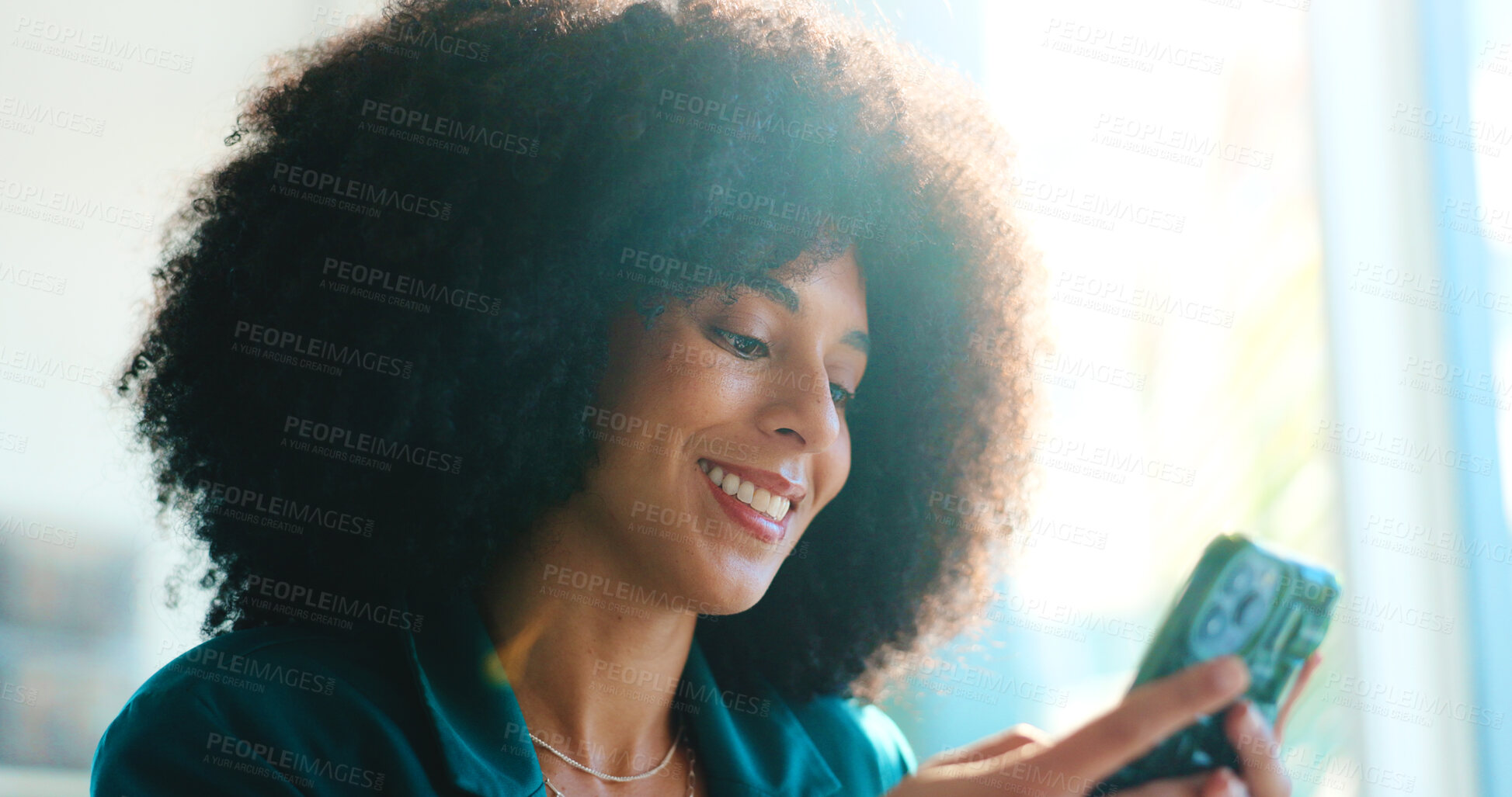 Buy stock photo University, student and woman in classroom, smartphone and education with communication. Happy person, college and cellphone with tech, internet and digital app with email, knowledge and social media