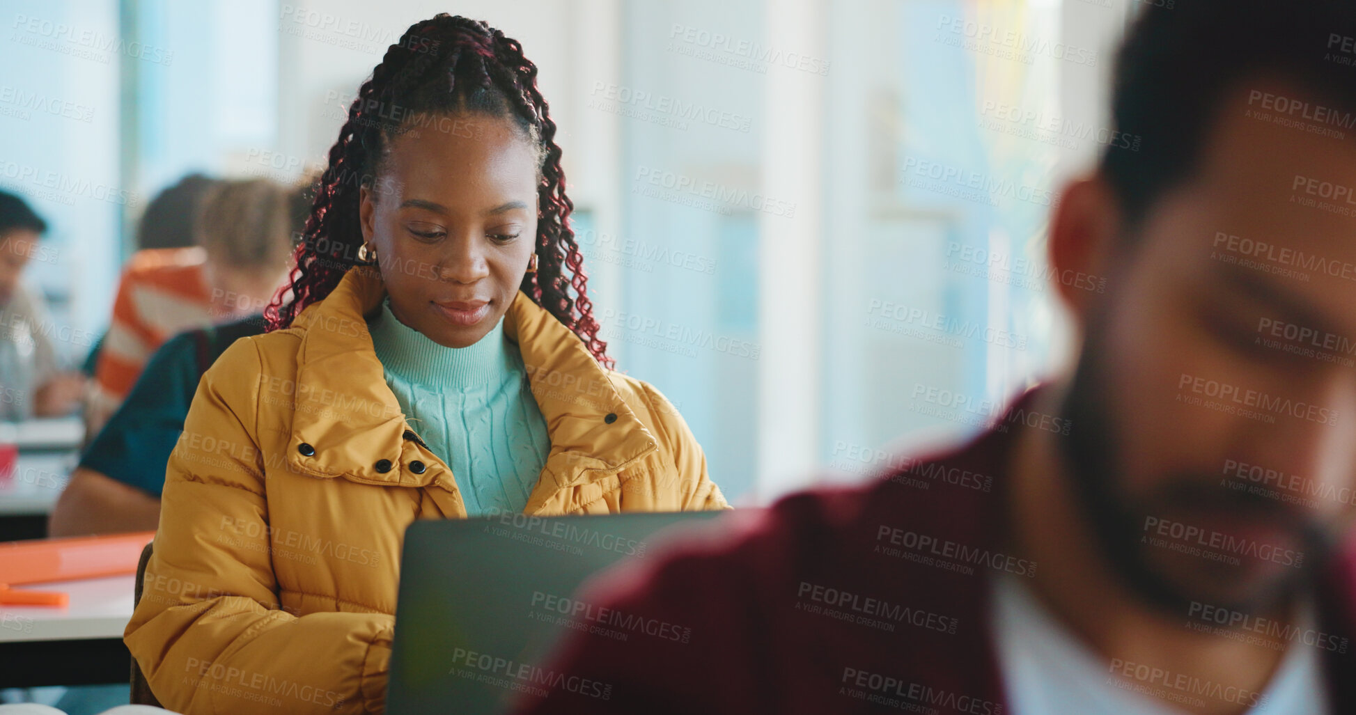 Buy stock photo University, learning and students in classroom, woman and  education with online research. College, laptop and people with knowledge, academy and studying for exams, internet and funding application