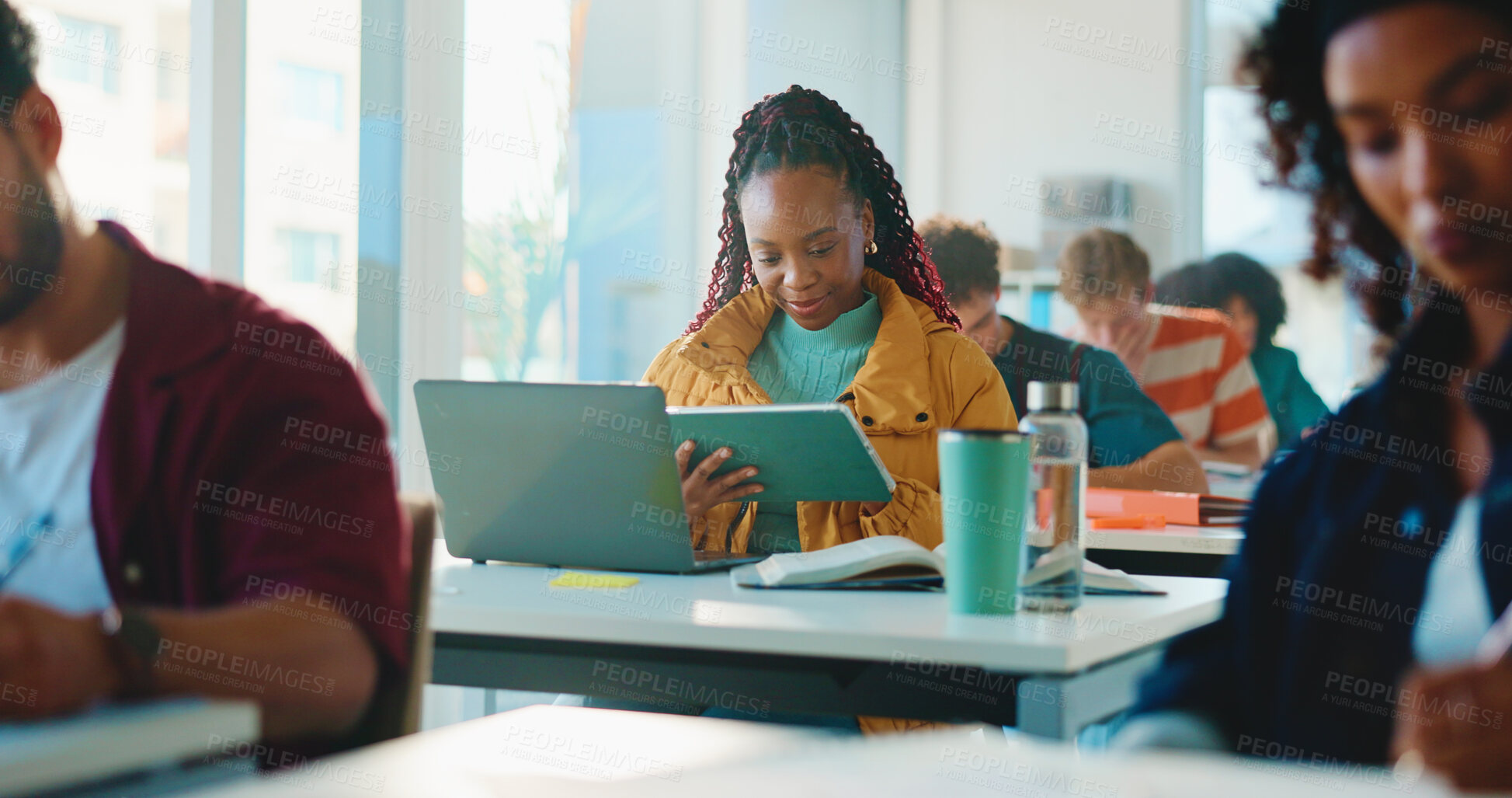 Buy stock photo Woman, college student and tablet in classroom with notes, smile and development with education. Girl, tech and scroll with research application for elearning, scholarship and knowledge at university