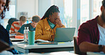 Woman, college student and headache in classroom for education, stress or laptop at academy. Girl, fatigue and migraine with pain, burnout or brain fog for test, assessment or mistake at university