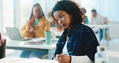 Buy stock photo Woman, university student and writing with book in classroom for development, learning and scholarship. Person, notes and attention with project, assessment and education with solution at college