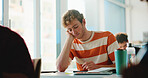 Sleeping, notebook and tired with man in classroom for failed exam, student stress and adhd crisis. College burnout,  dreaming and lecture with person with a learning disability for test anxiety