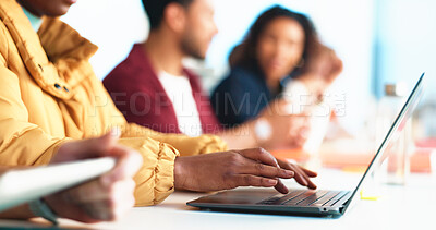 Buy stock photo Hands, students and woman with laptop, university and deadline for assignment, education and internet. Closeup, college and people with computer, knowledge and research for project and learning