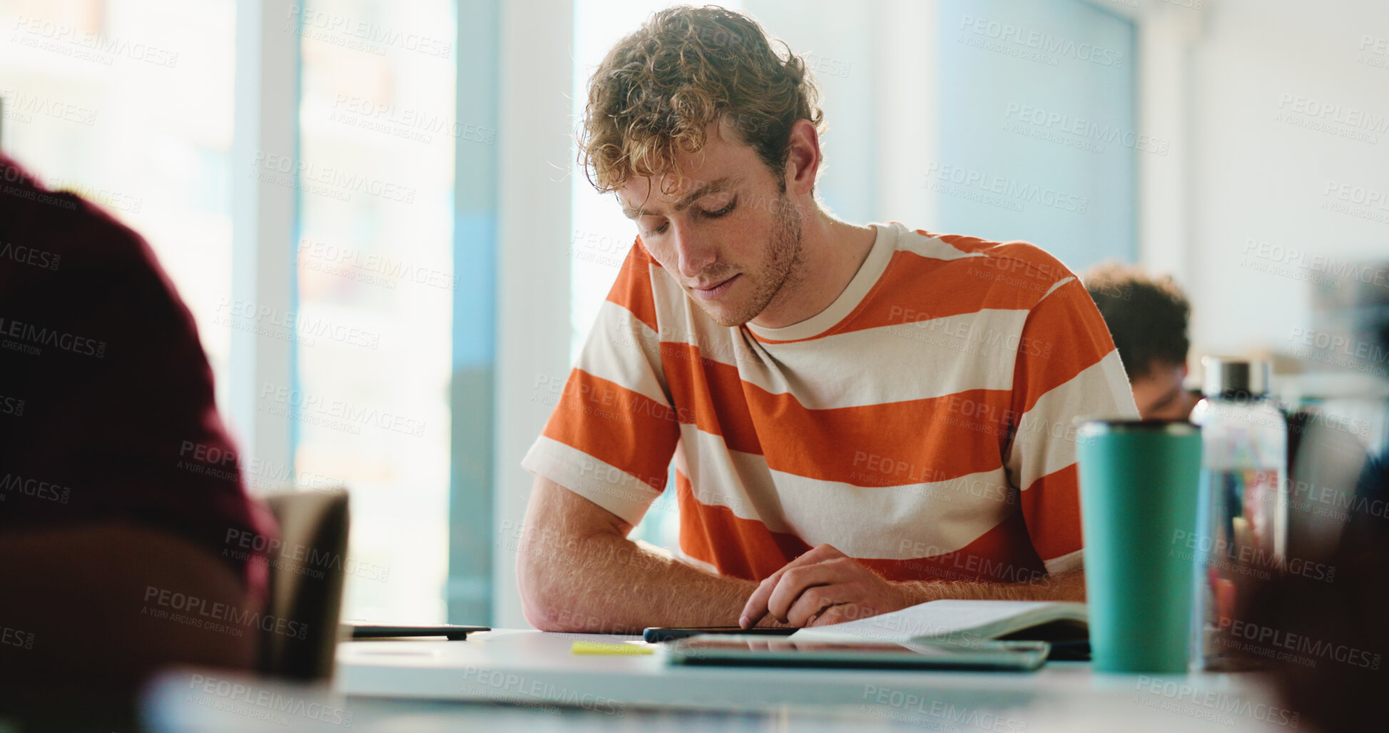 Buy stock photo University, student and man in classroom, tablet and elearning with research for science project. People, college and guy with technology, internet and app with email, communication and knowledge