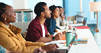 University, listening and students in classroom, learning and knowledge with research for project. People, men and women with tech, college and education with development, scholarship and academy