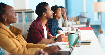 Buy stock photo University, listening and students in classroom, learning and knowledge with research for project. People, men and women with tech, college and education with development, scholarship and academy