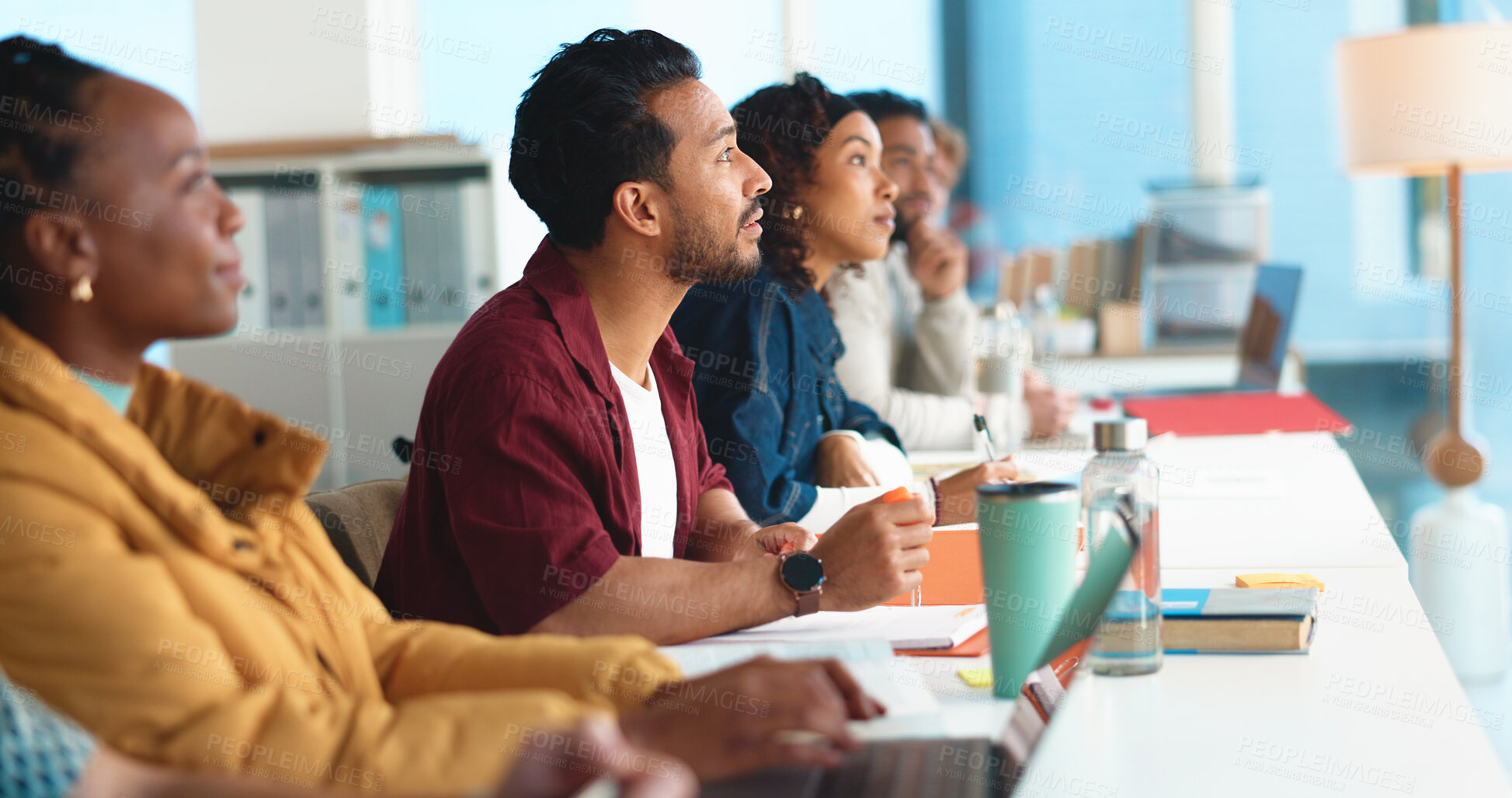 Buy stock photo University, listening and students in classroom, learning and knowledge with research for project. People, men and women with tech, college and education with development, scholarship and academy