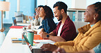 University, education and students in classroom, smile and elearning with research for project. Happy people, men and women with tech, college and academy with development, scholarship and assignment