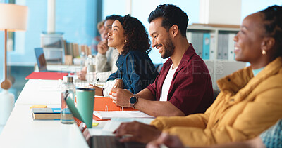 Buy stock photo University, man and students in classroom, smile and learning with project. Happy people, men and women with education, college and academy with development, scholarship and assignment with joke