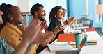 Applause, startup team and business people in meeting for company goals, achievement and success. Creative agency, office and workers clapping hands for support, goals and collaboration in workshop