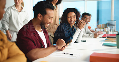 Buy stock photo University, smartphone and students in classroom, smile and scholarship with research for project. Success, men and women with digital app, college or learning with development, laughing or cellphone