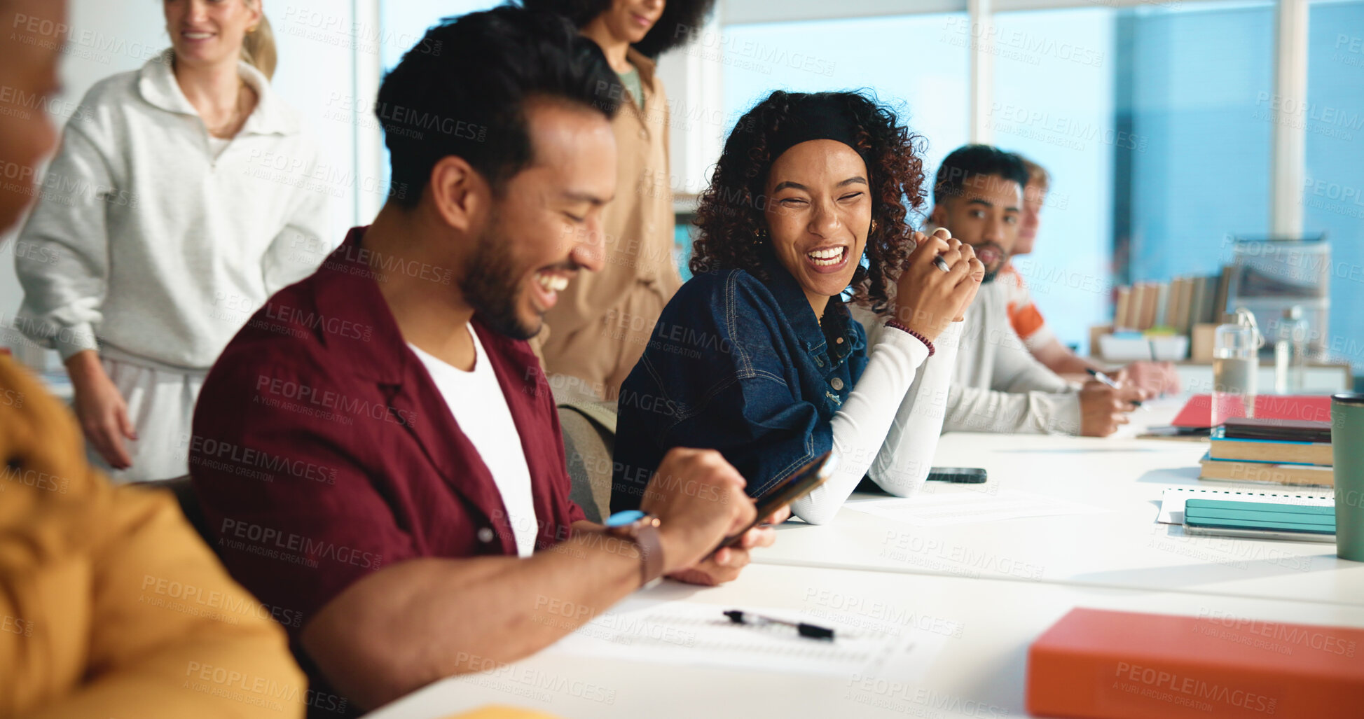 Buy stock photo University, smartphone and students in classroom, smile and scholarship with research for project. Success, men and women with digital app, college or learning with development, laughing or cellphone