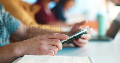 Buy stock photo Hands, student and man in classroom, tablet and research project, social media and connection. Closeup, university and people with technology, internet and website information with education or app