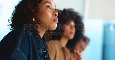 Buy stock photo University, student and woman in classroom, listening and development with research for project. People, assignment and girl with exam tips, college and learning with growth, knowledge and attention