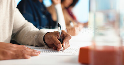 Buy stock photo Writing, exam and education with hands of student for college admission, question and quiz paper. Classroom test, scholarship assessment and answer sheet with person in university for evaluation