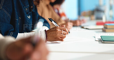 Buy stock photo Writing, test and question with hands of student for college admission, education and quiz paper. Classroom exam, scholarship assessment and answer sheet with person in university for evaluation