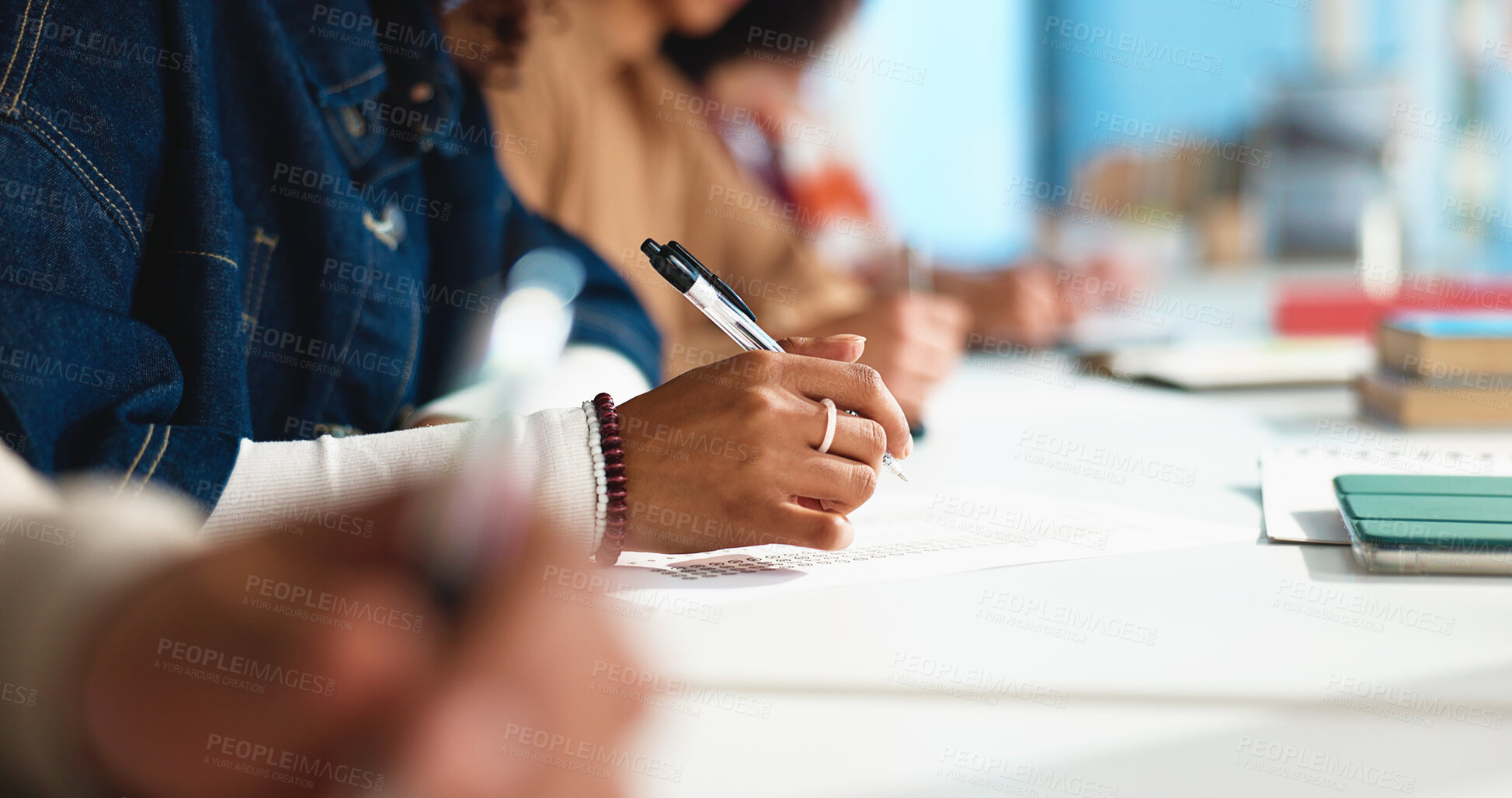 Buy stock photo Writing, test and question with hands of student for college admission, education and quiz paper. Classroom exam, scholarship assessment and answer sheet with person in university for evaluation