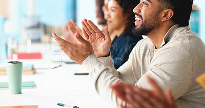 Buy stock photo Startup, team applause and business people in meeting for company goals, achievement and success. Creative agency, office and workers clapping hands for support, praise and collaboration in workshop